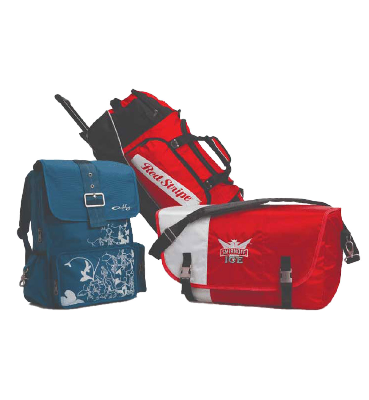 Three custom branded bags — backpack, duffel and messenger