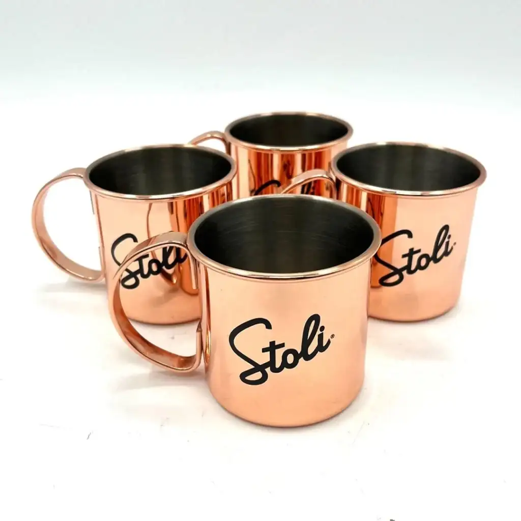 Stoli branded copper Moscow mule mugs produced by Globe Promotions