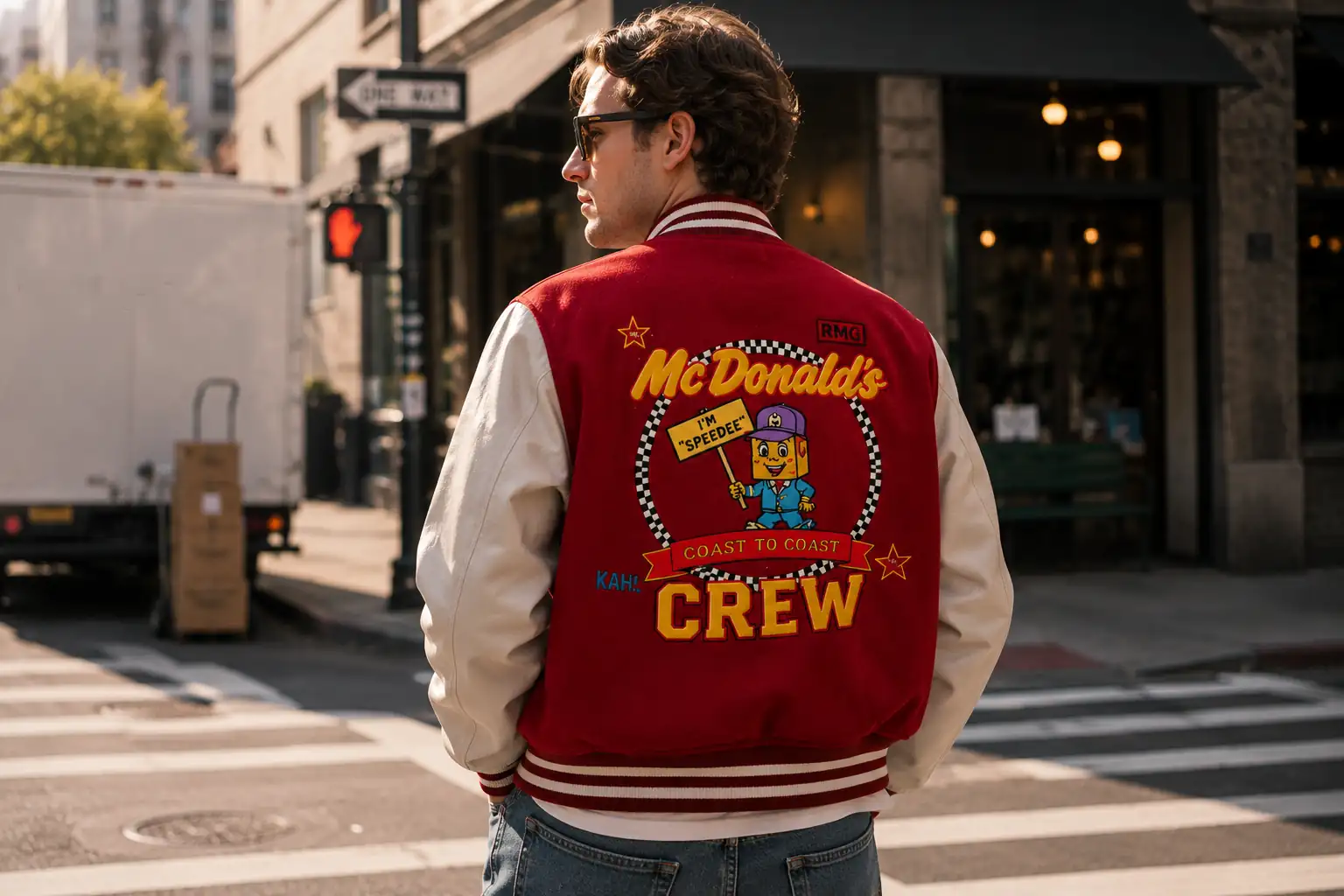 McDonald's Crew varsity jacket with chenille patches, worn on the street